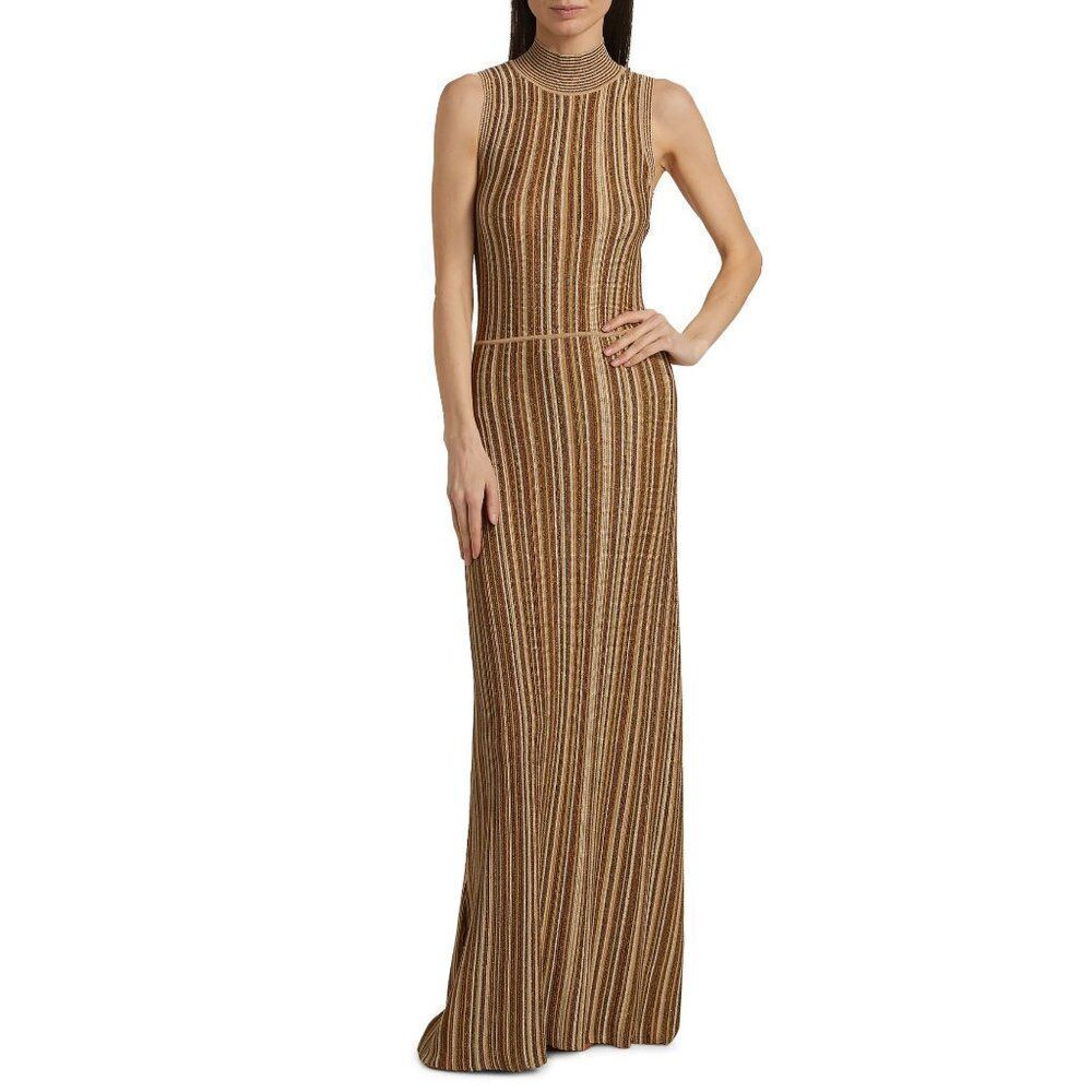 NWT Veronica Beard Anna Gold Bronze Brown and Cream Striped Knit Maxi Dress